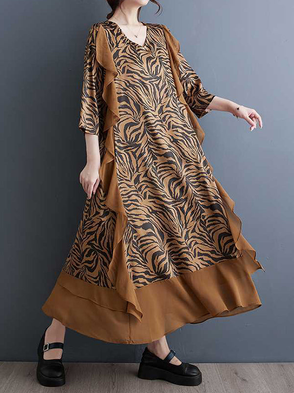 Ruffled Split-Joint Zebra-Stripe A-Line Batwing Sleeves V-Neck Midi Dresses