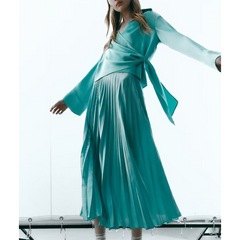 Flaxmaker V Neck Blue Solid Color Bouffant Two Piece Set