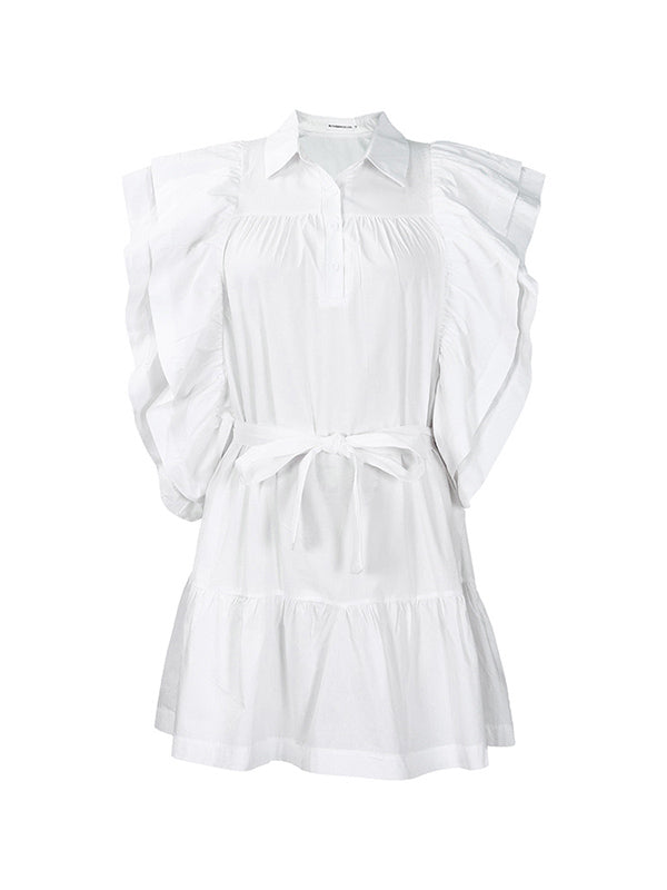 Buttoned Pleated Ruffled Solid Color Tied Waist A-Line High Waisted Lapel Mini Dresses