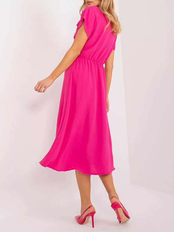 Buttoned Pleated Solid Color A-Line High Waisted Lapel Midi Dresses