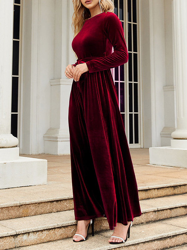 Belted Pleated Solid Color Zipper Long Sleeves Wrap Round-Neck Maxi Dresses