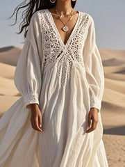Solid Color Flower Hollow Loose Long Sleeves Bohemia Maxi Dresses