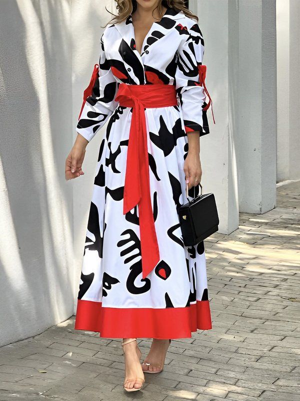 A-Line Long Sleeves Buttoned Contrast Color Tied Waist Notched Collar Maxi Dresses Shirt Dress