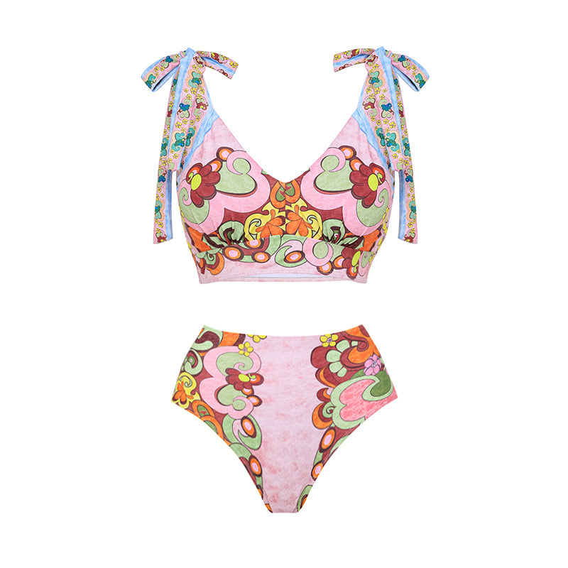 Tie-shoulder Printed High Waist Bikini Swimsuit and Skirt(Shipped on Jan 11th)