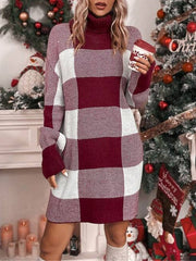 Contrast Color Plaid Long Sleeves Loose High Neck Sweater Dresses Mini Dresses