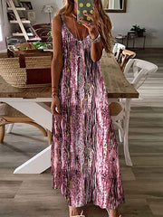Printed A-line Loose Spaghetti-Neck Maxi Dresses
