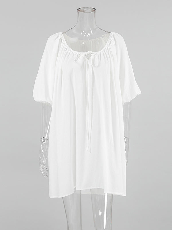 Lace-Up Pleated See-Through Solid Color Loose Puff Sleeves V-Neck Sleep Dress Mini Dresses