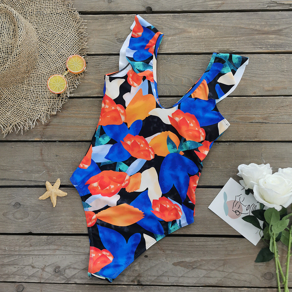 Ruffle V Neck Printed One Piece Swimsuit