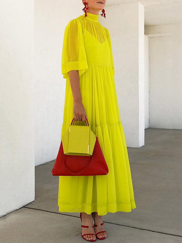 Solid Color Loose Plus Size Split-Joint Inner Dress + Mock Neck Mesh Pleated Outer Dress Two Pieces Set