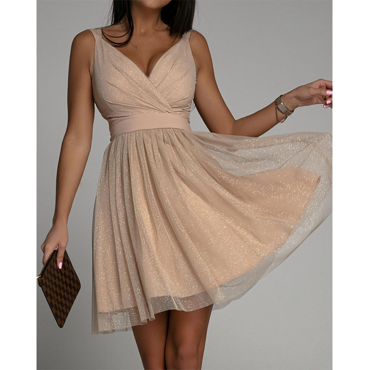 V Neck Slit Gauze Party Mini Dress