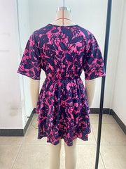 Double Layered Pleated Printed Split-Joint Loose Plus Size V-Neck Mini Dresses