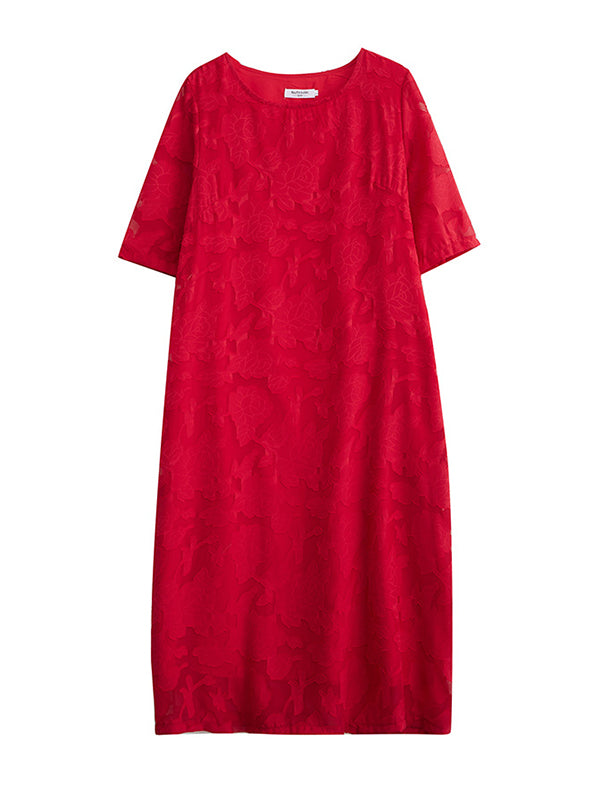 Jacquard See-Through Solid Color Loose Three-quarter Sleeves Round-neck Midi Dresses