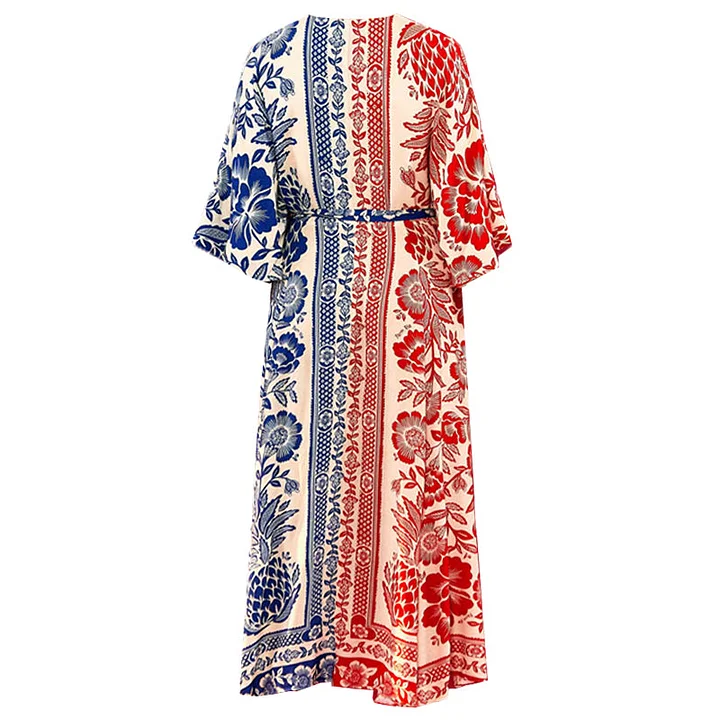 Flaxmaker Red Blue Mixed Floral Print Swimsuit and Cover Up