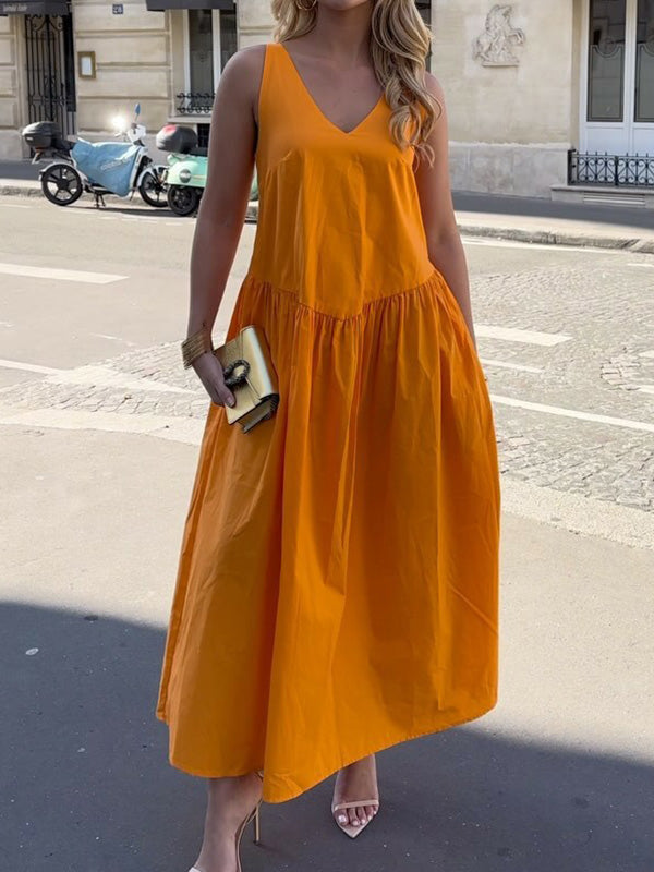 Pleated Solid Color Split-Joint A-Line Sleeveless V-Neck Maxi Dresses