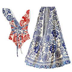 Flaxmaker Red Blue Mixed Floral Print Swimsuit and Cover Up