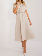 Buttoned Pleated Solid Color A-Line High Waisted Lapel Midi Dresses