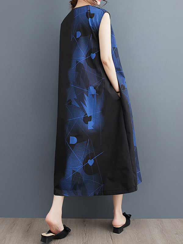 Printed Loose Sleeveless Round-neck Midi Dresses