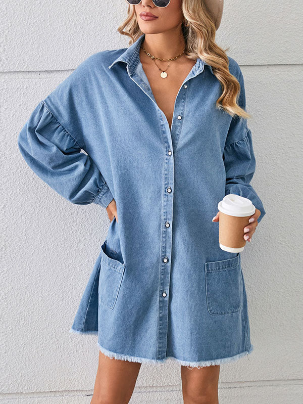 Buttoned Fringed Pleated Pockets Split-Joint Long Sleeves Loose Lapel Mini Dresses