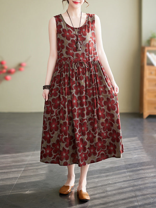 Drawstring Floral Printed Loose Oversize Round-neck Midi Dresses