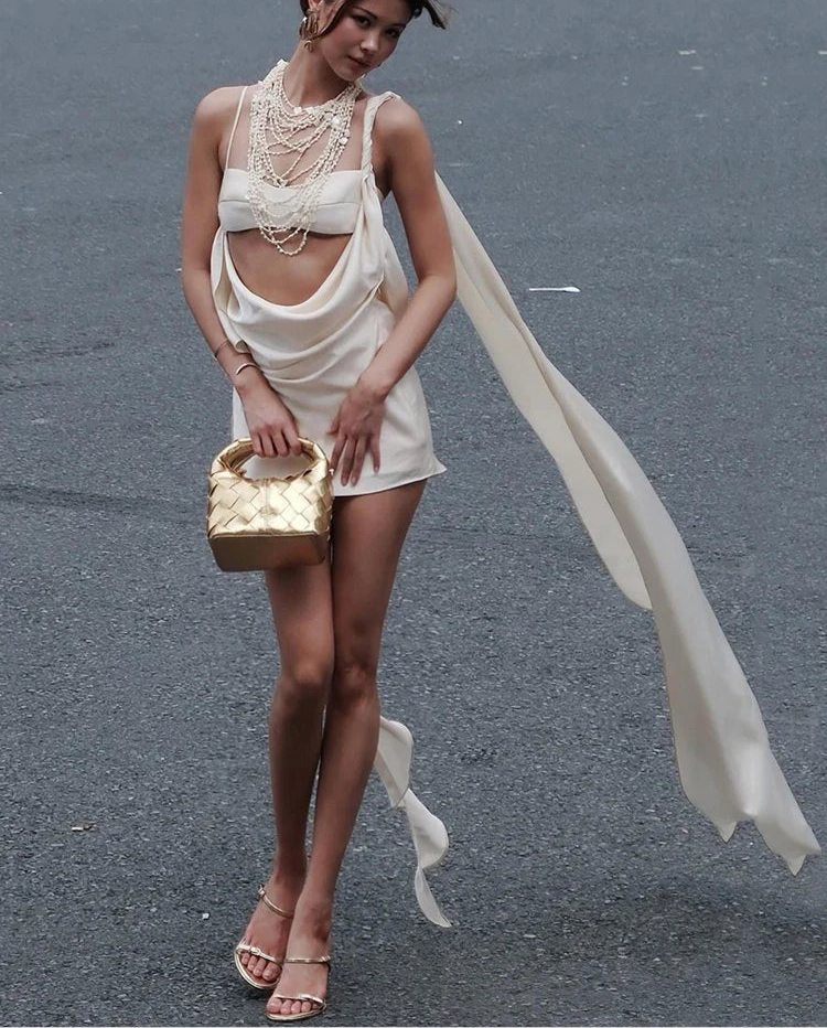 White Satin Cut Out Bralette Draped Mini Dress
