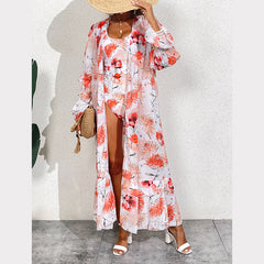 Printed Belt One Piece Swimsuit and Chiffon Cover Up Flaxmaker
