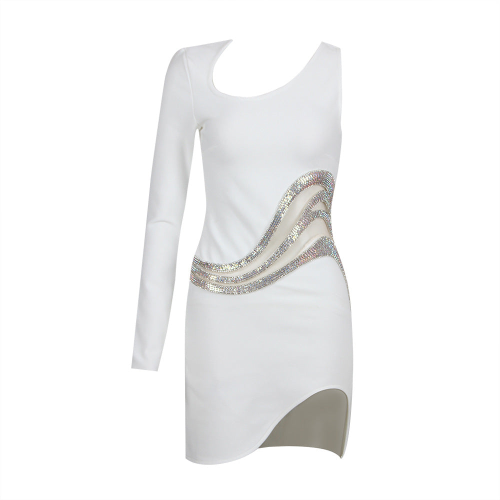 Irregular Cutout Rhinestone Mini Dress