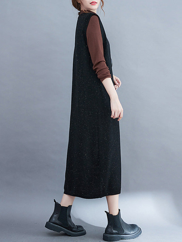 Vintage Solid Color Knitting V-Neck Sleeveless Sweater Dress