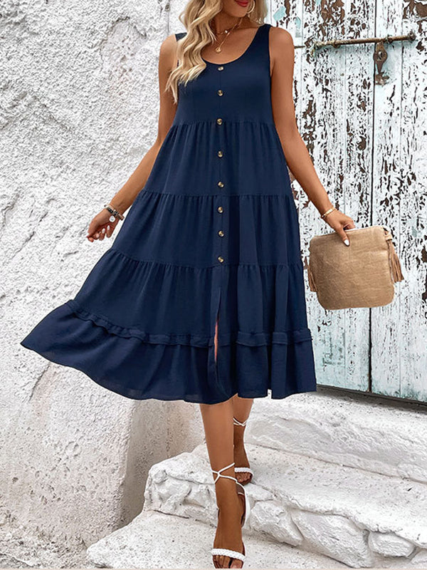 Buttoned Solid Color Tiered Loose Sleeveless Round-neck Midi Dresses