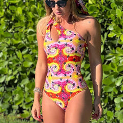 One Shoulder Printed One Piece Swimsuit and Sarong