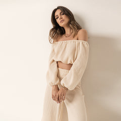 Fashion Casual  Off Shoulder Solid Color  Two Piece Set