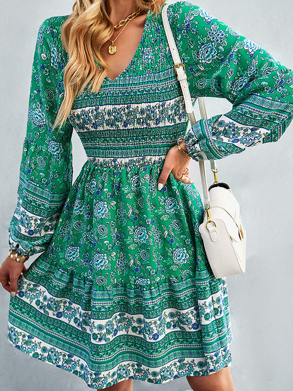 Bohemia A-Line Loose Floral Printed V-Neck Dress