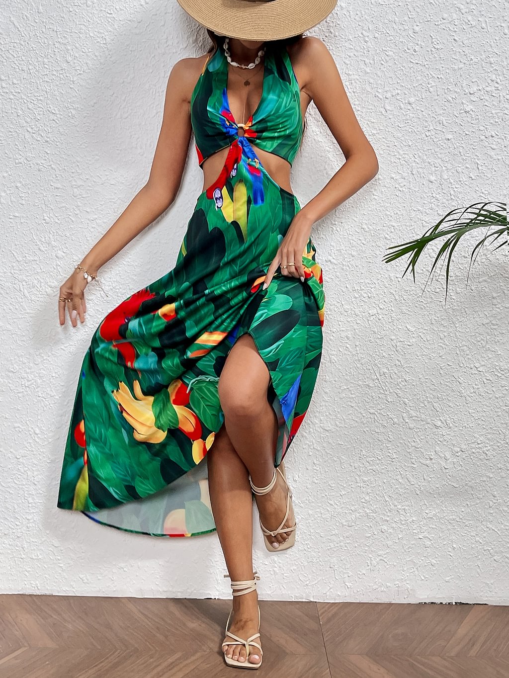 Halter Lace up Printed Midi Dress