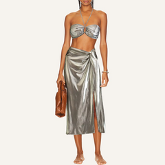 Halter Silver Solid Color Cami and Skirt Set