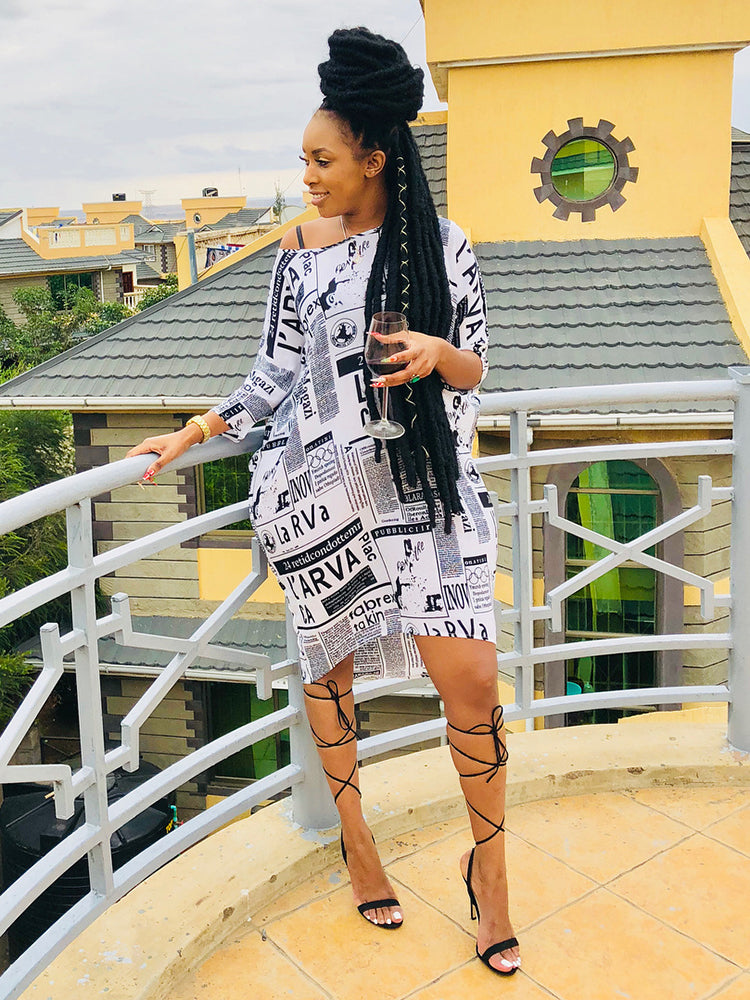 Off Shoulder Newspaper Vintage Midi Dress