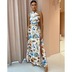 Oblique Shoulder Conch  Printed Dress