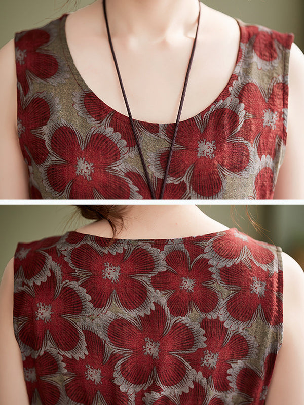 Drawstring Floral Printed Loose Oversize Round-neck Midi Dresses