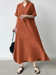 Solid Color Loose Short Sleeves V-Neck Maxi Dresses