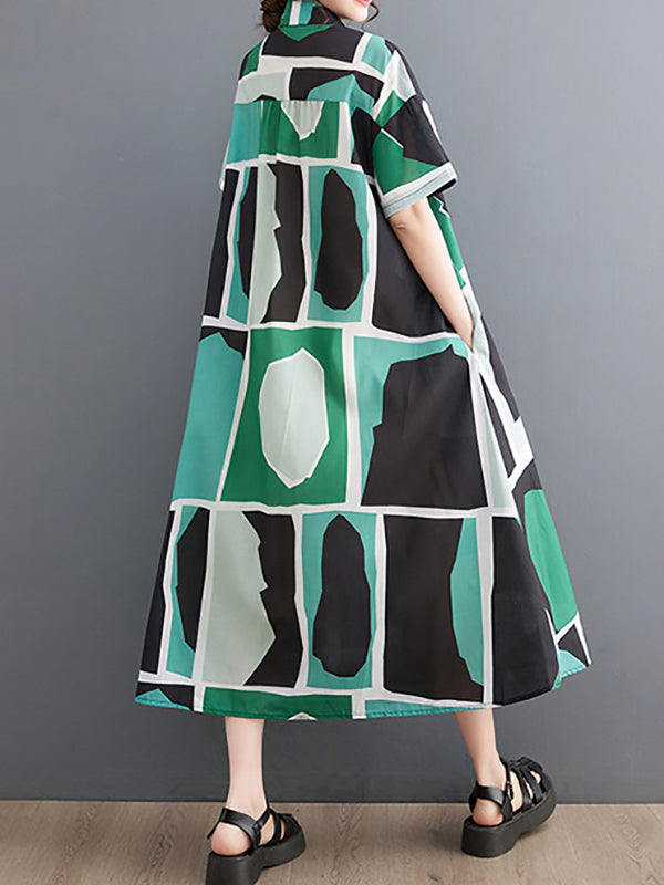 Color-Block Printed Loose Oversize Lapel Shirt Dress Midi Dresses
