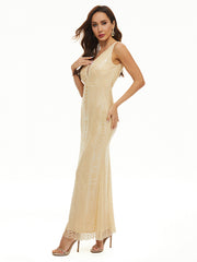 Evening Sleeveless Wrap Mesh Backless Embroidered V-Neck Maxi Dress