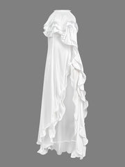 Layered Ruffled Solid Color Split-side Zipper Loose Sleeveless Round-neck Maxi Dresses