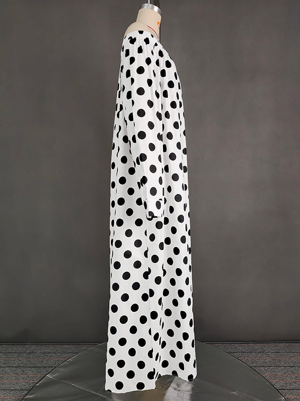 Elasticity Polka-Dot Split-Joint A-line Long Sleeves Off-the-shoulder Maxi Dresses