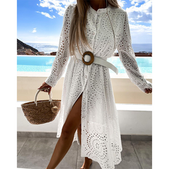 Casual Solid Color Buttons Midi Dress