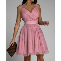 V Neck Slit Gauze Party Mini Dress