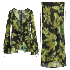 Casual Printed Lace Up Shirt and Skirt Sets Flaxmaker