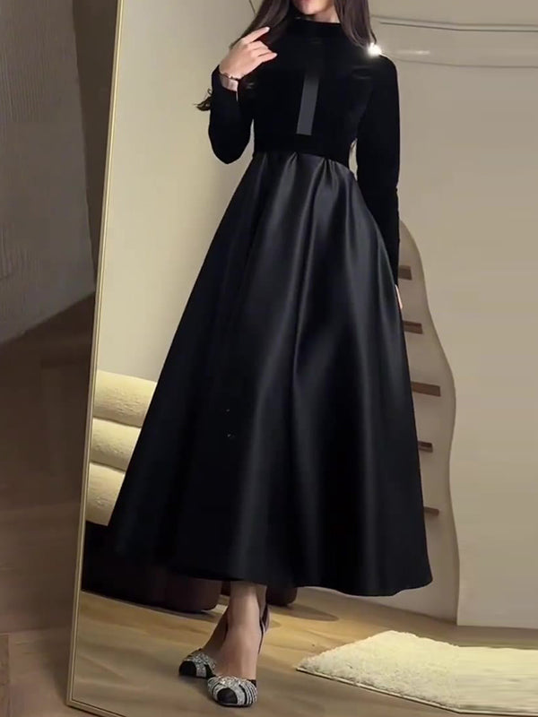 Pleated Split-Joint Zipper A-Line Long Sleeves Mock Neck Maxi Dresses