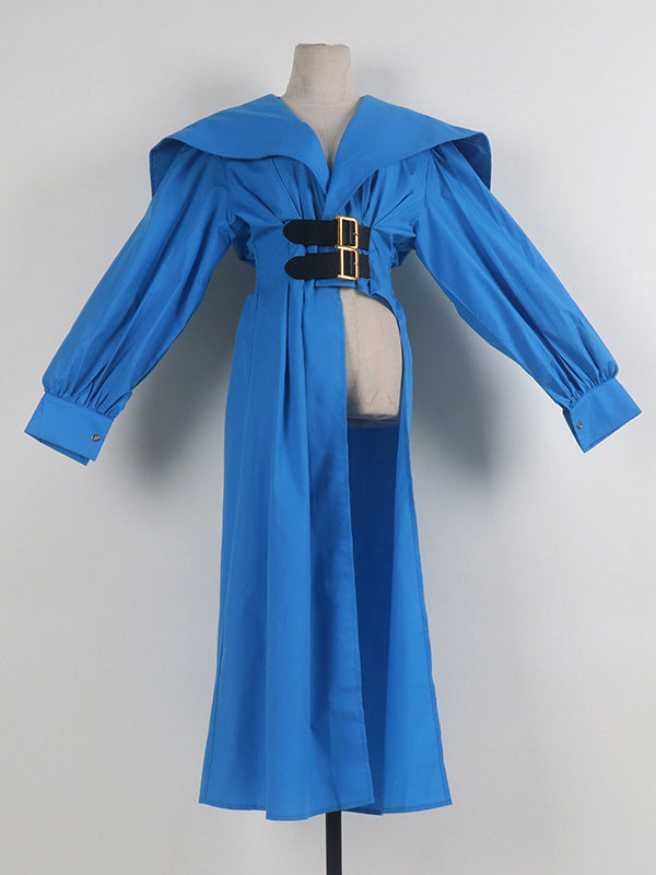 Asymmetric Belted Pleated Solid Color High Waisted Long Sleeves Lapel Midi Dresses
