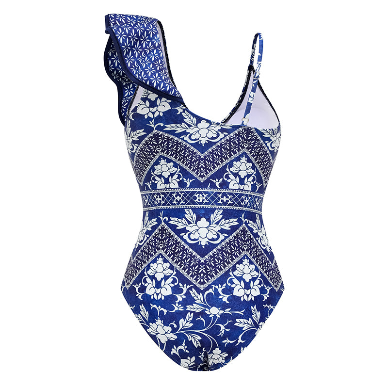 Asymmetrical Ruffle Printed One Piece Swimsuit and Skirt Flaxmaker(Shipped on Dec 29th)