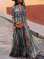 Split-Joint Striped Long Sleeves Loose Lapel Shirt Dress Maxi Dresses