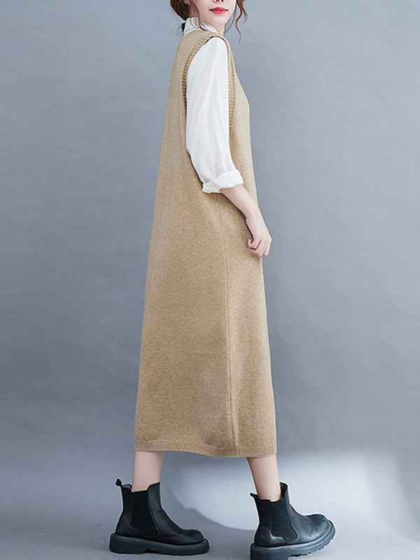 Vintage Solid Color Knitting V-Neck Sleeveless Sweater Dress