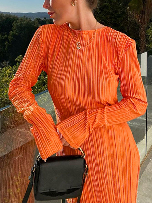 Pleated Solid Color Split-Joint Long Sleeves Skinny Round-Neck Maxi Dresses